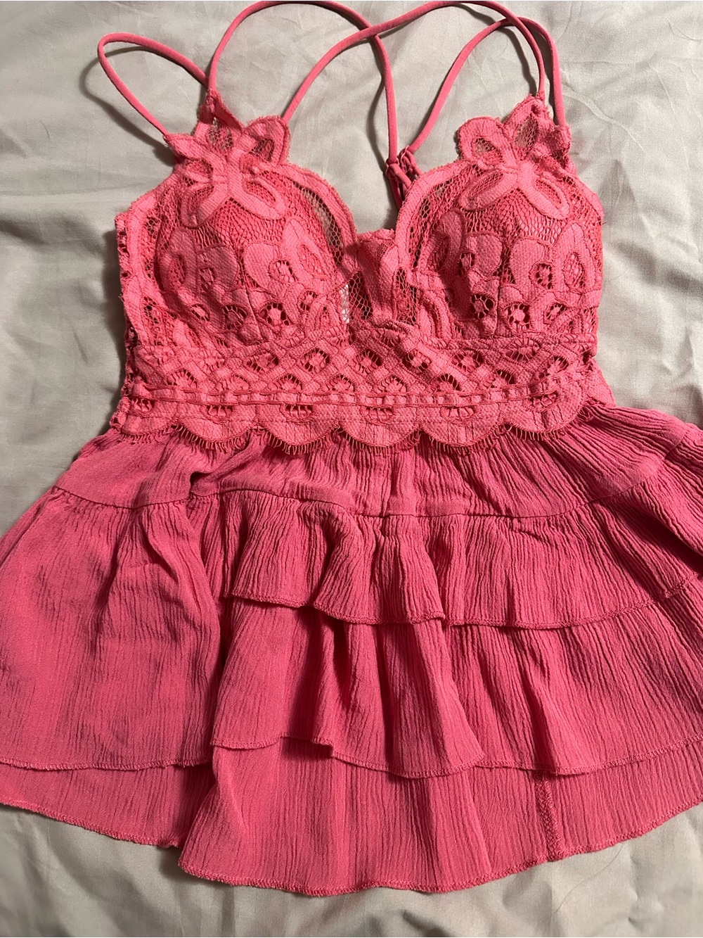 Pink Crochet Lace Tiered Cami